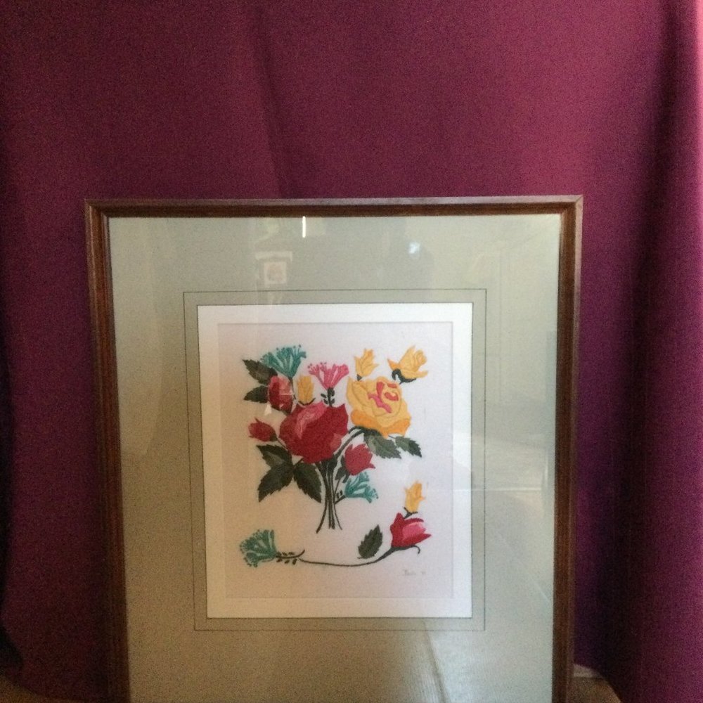 Vintage Needlework art Embroidery Needlepoint flowers in wood frame signed